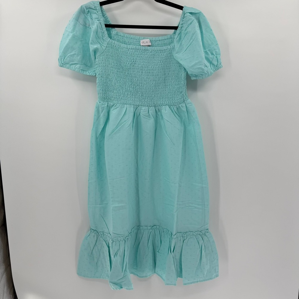 The Place Swiss Dot Smocked Dress Modern Womens Medium Aqua Blue Dress